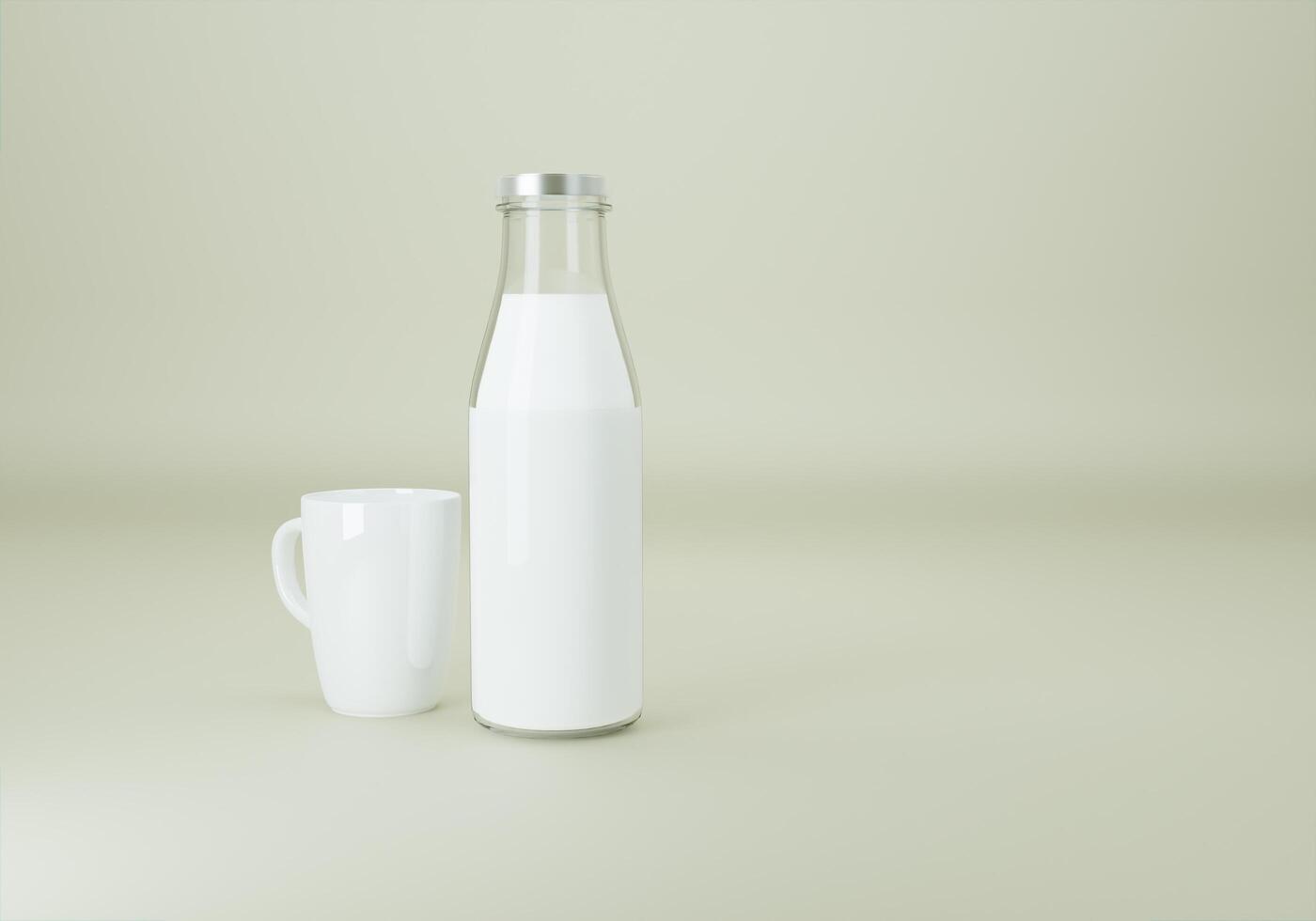 une bouteille de lait avec un verre placé sur un fond blanc. photo