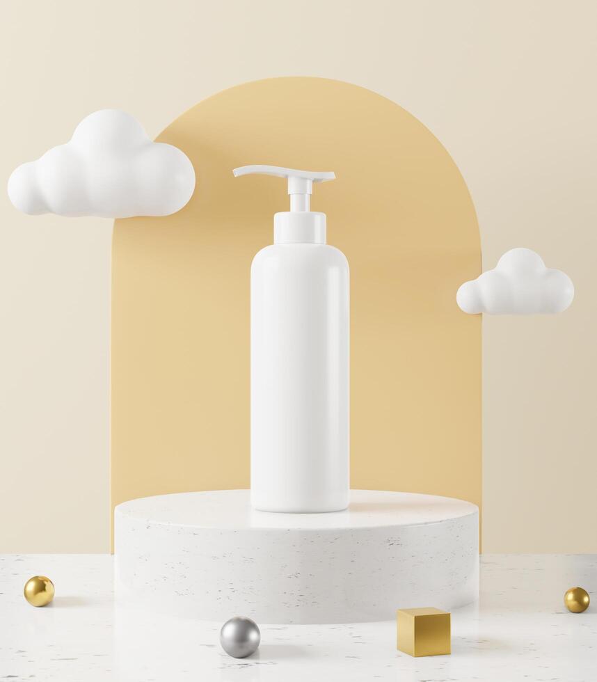 Flacon de crème ou pompe à parfum placé sur fond blanc pastel photo