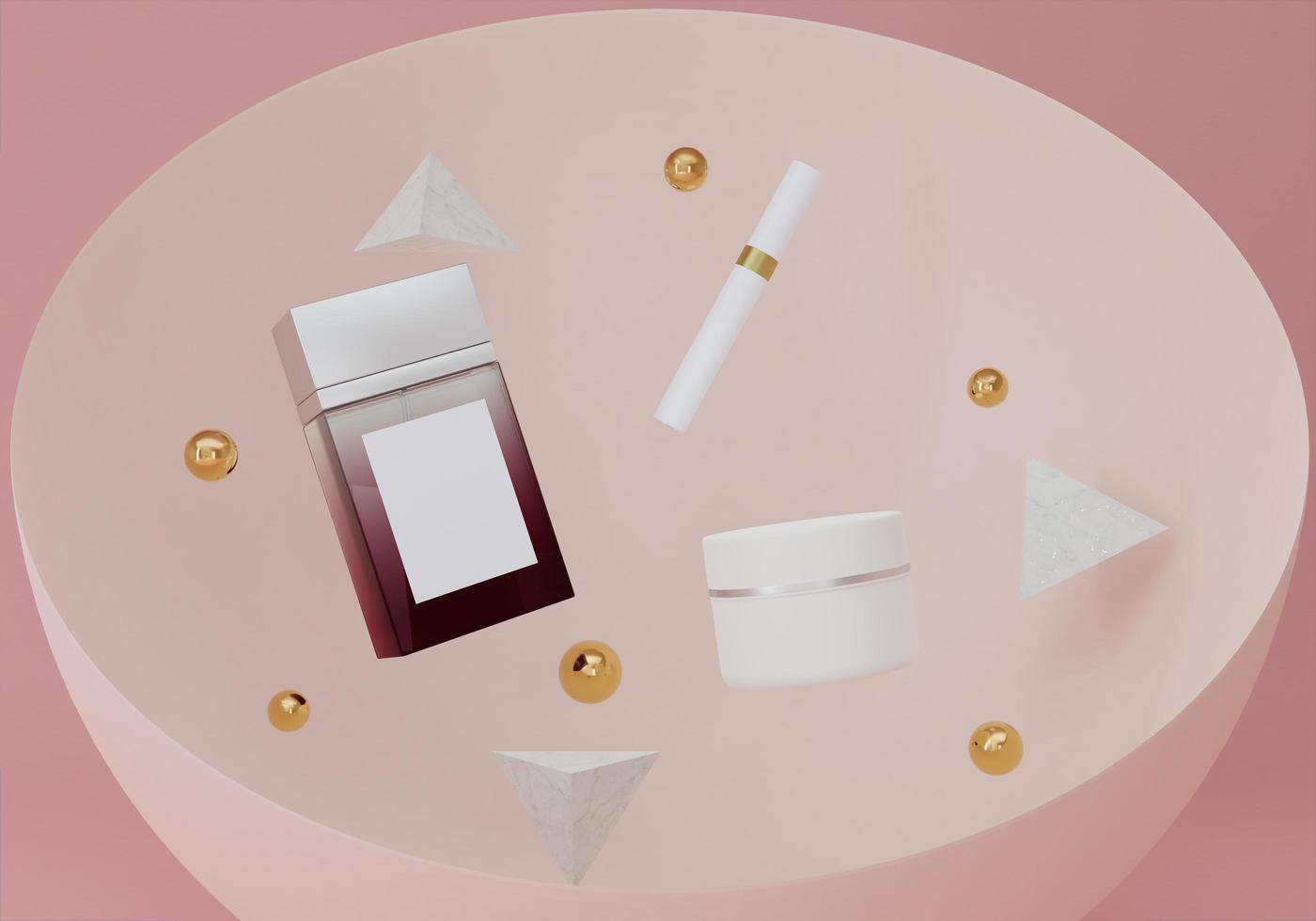 flacons de parfum carrés et pots de crème sur fond rose photo