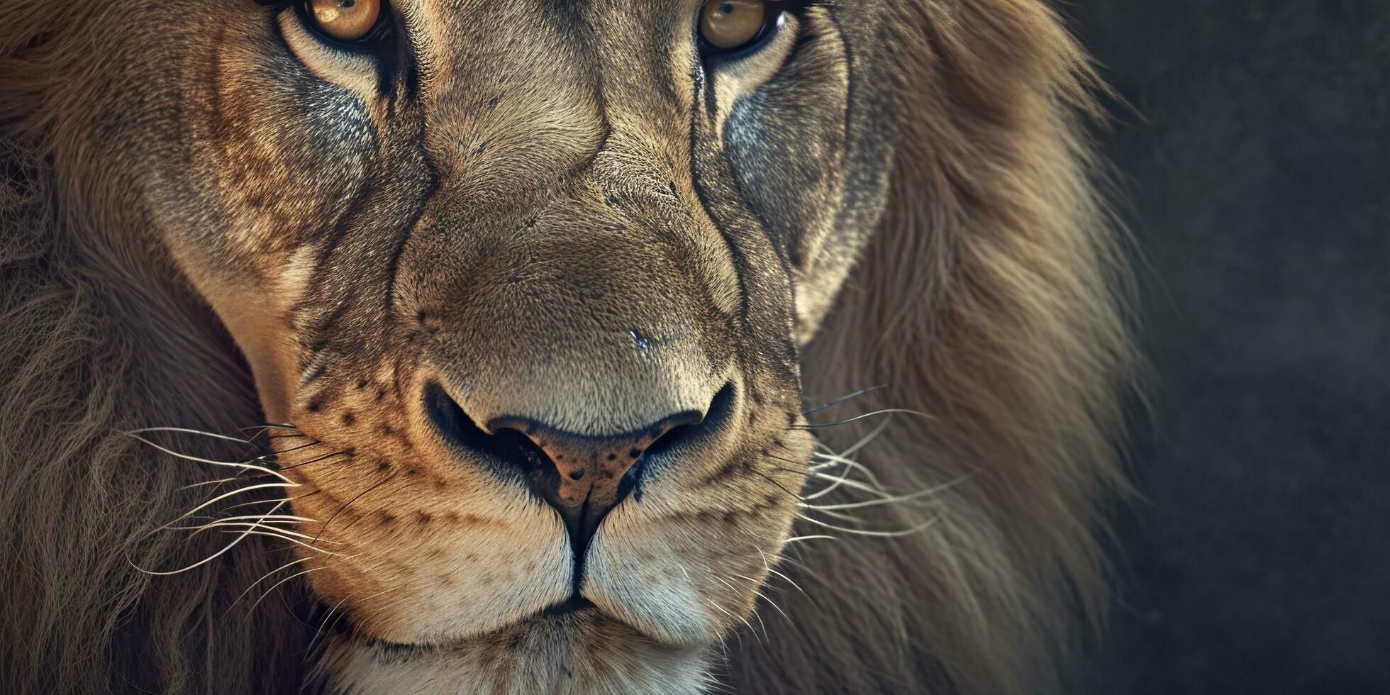 proche en haut de un africain lion. génératif ai photo