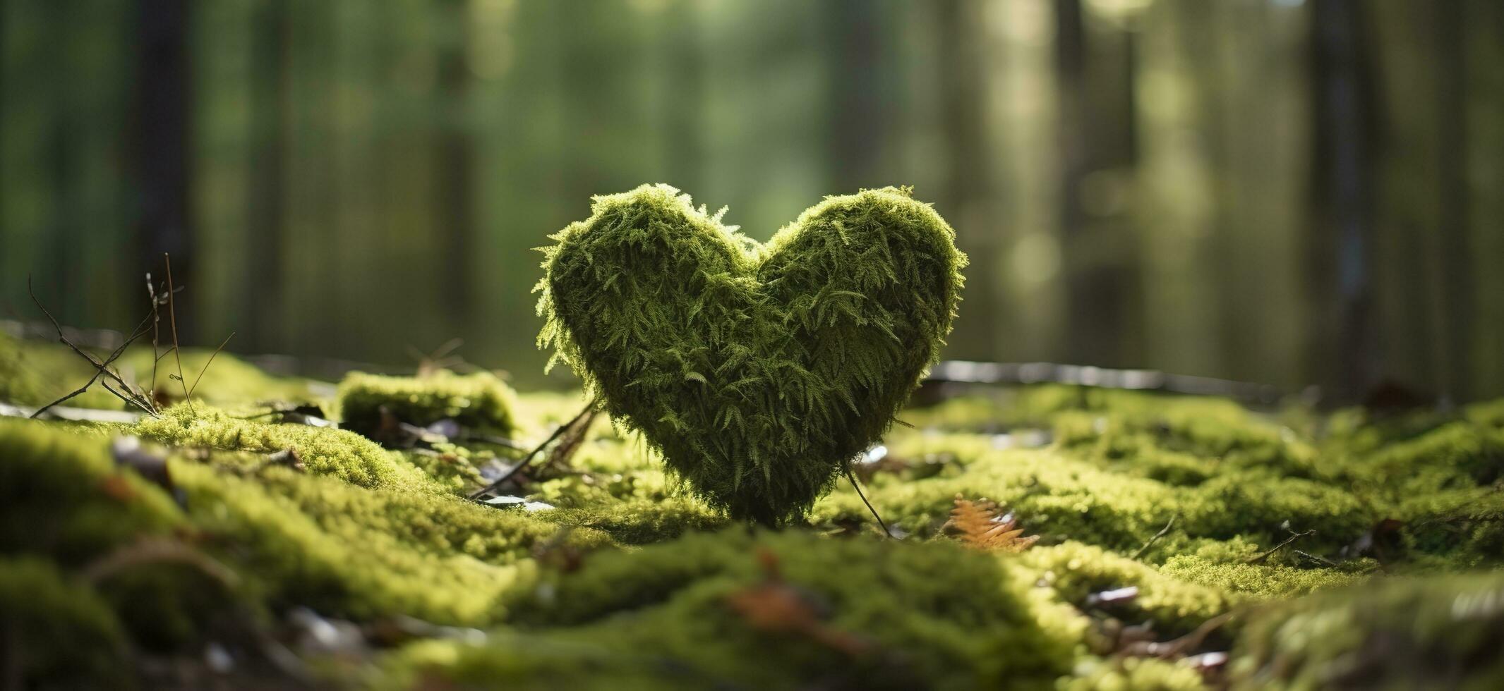 fermer de en bois cœur sur mousse. Naturel enterrement la tombe dans le les bois. génératif ai photo