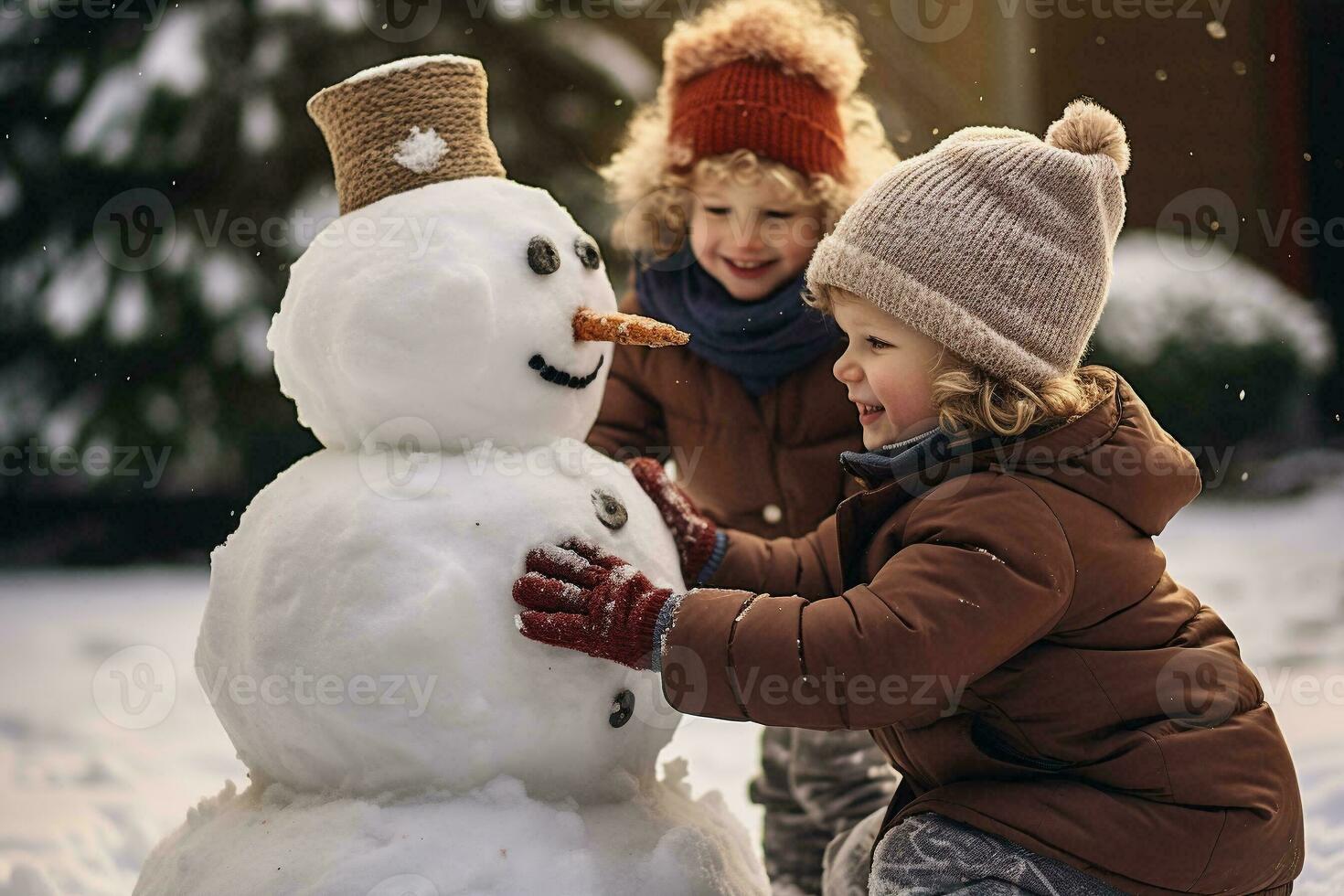 les enfants bâtiment une bonhomme de neige ensemble sur hiver journée. des gamins souriant et ayant amusement tandis que en jouant dans neige en plein air. génératif ai. photo