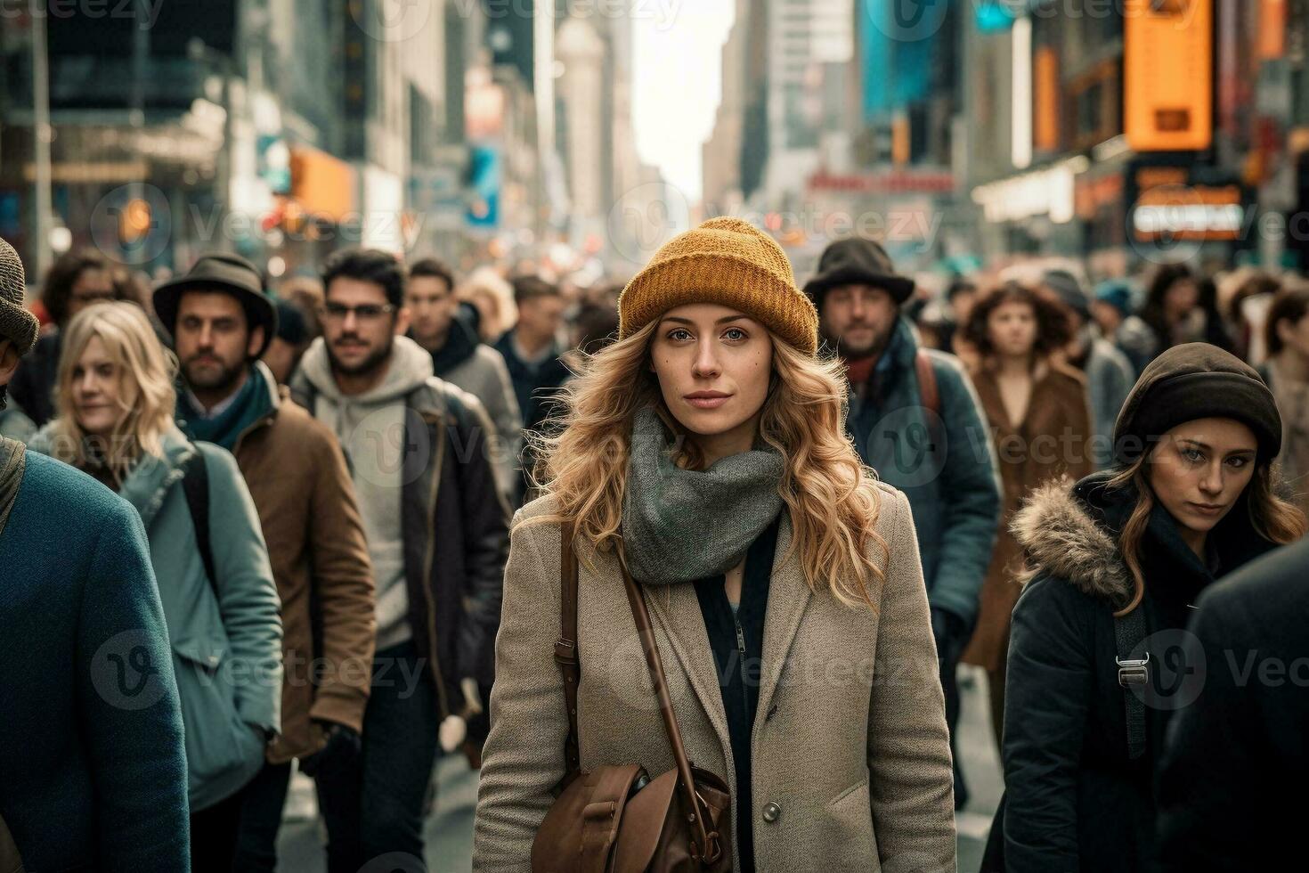 foule de gens en marchant sur ville rue dans se ruer heure. ville la vie avec occupé gens et transport. génératif ai. photo