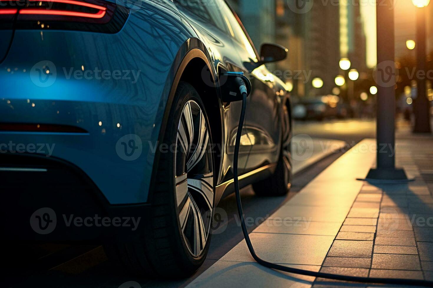 électrique véhicule voiture est garé et étant accusé sur le ville rue. Puissance câble pompe prise de courant dans mise en charge Puissance à électrique véhicule auto. moderne La technologie pour nettoyer environnement. génératif ai. photo