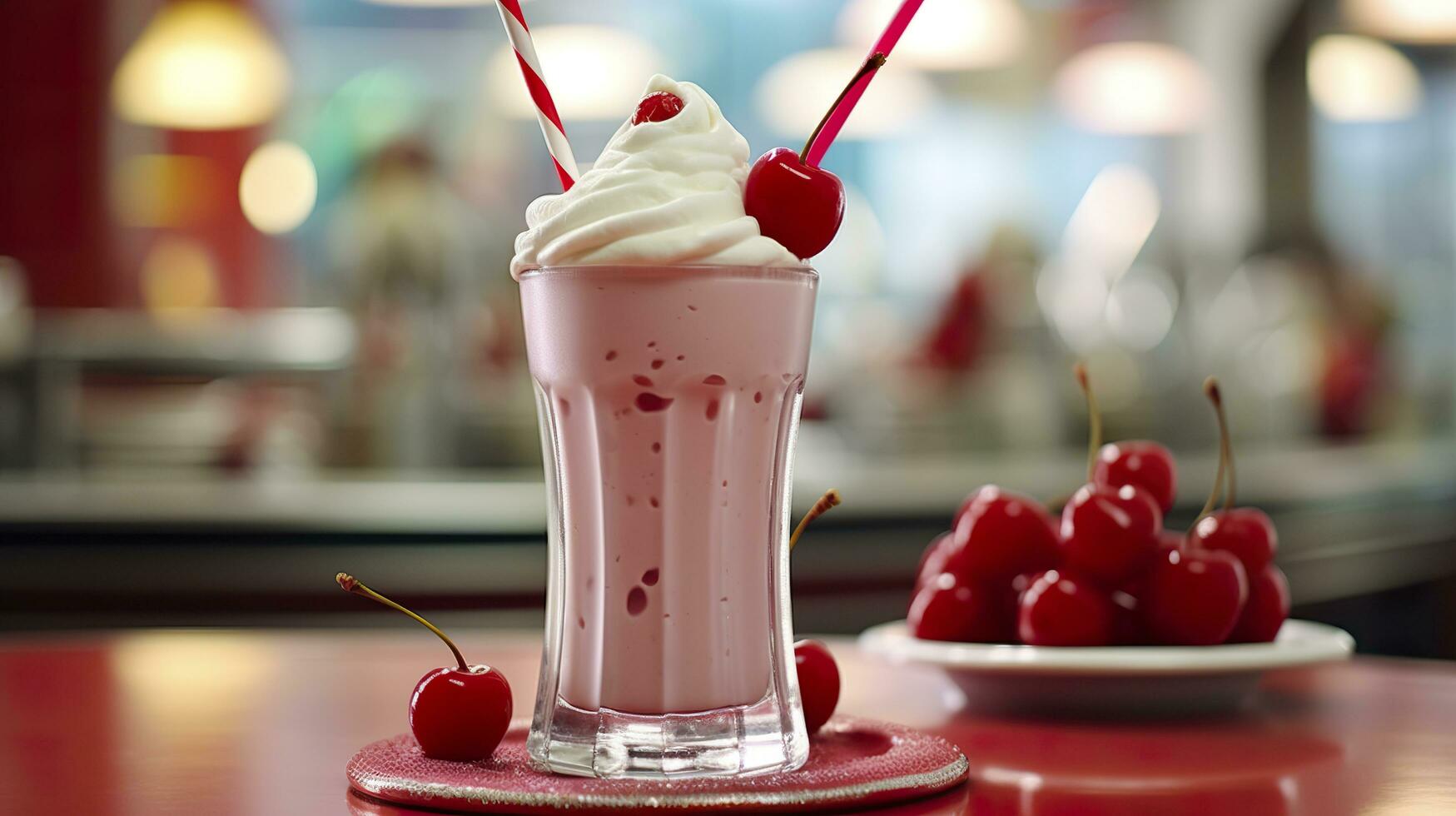 Cerise Milk-shake dans une classique américain le dîner. nourriture la photographie concept. génératif ai photo