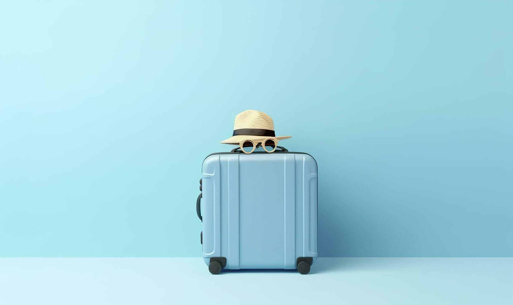 bleu valise avec des lunettes de soleil sur une pastel bleu Contexte. Voyage concept. génératif ai photo