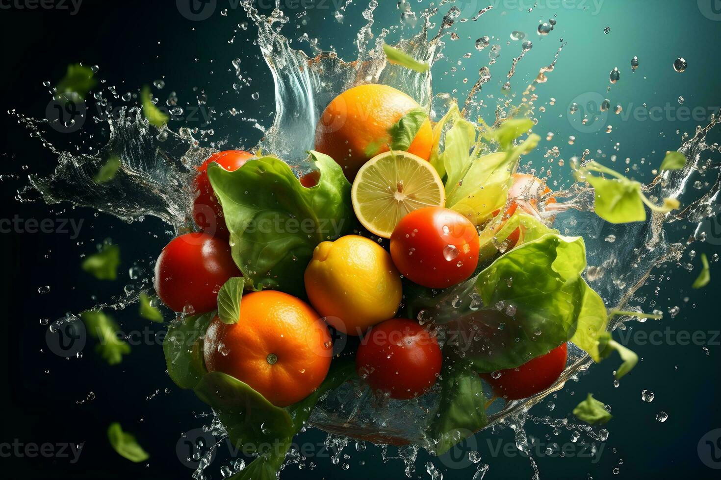 coloré la fusion de Frais fruit et des légumes avec l'eau éclaboussure, ai généré photo