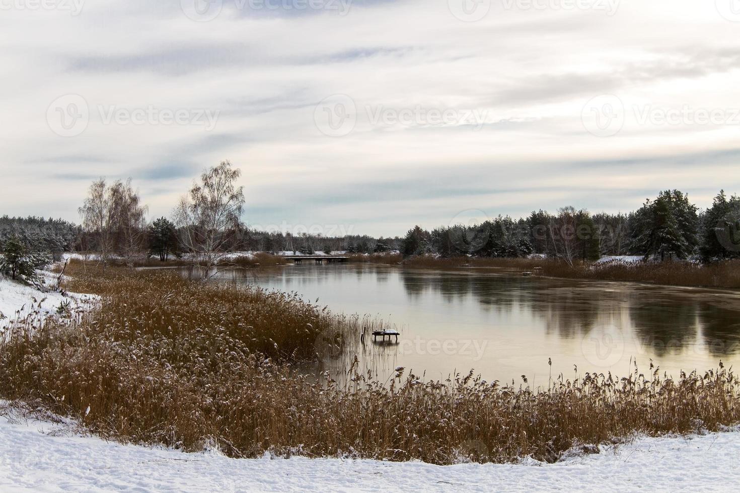 vue depuis la rive de la rivière recouverte de glace mince photo