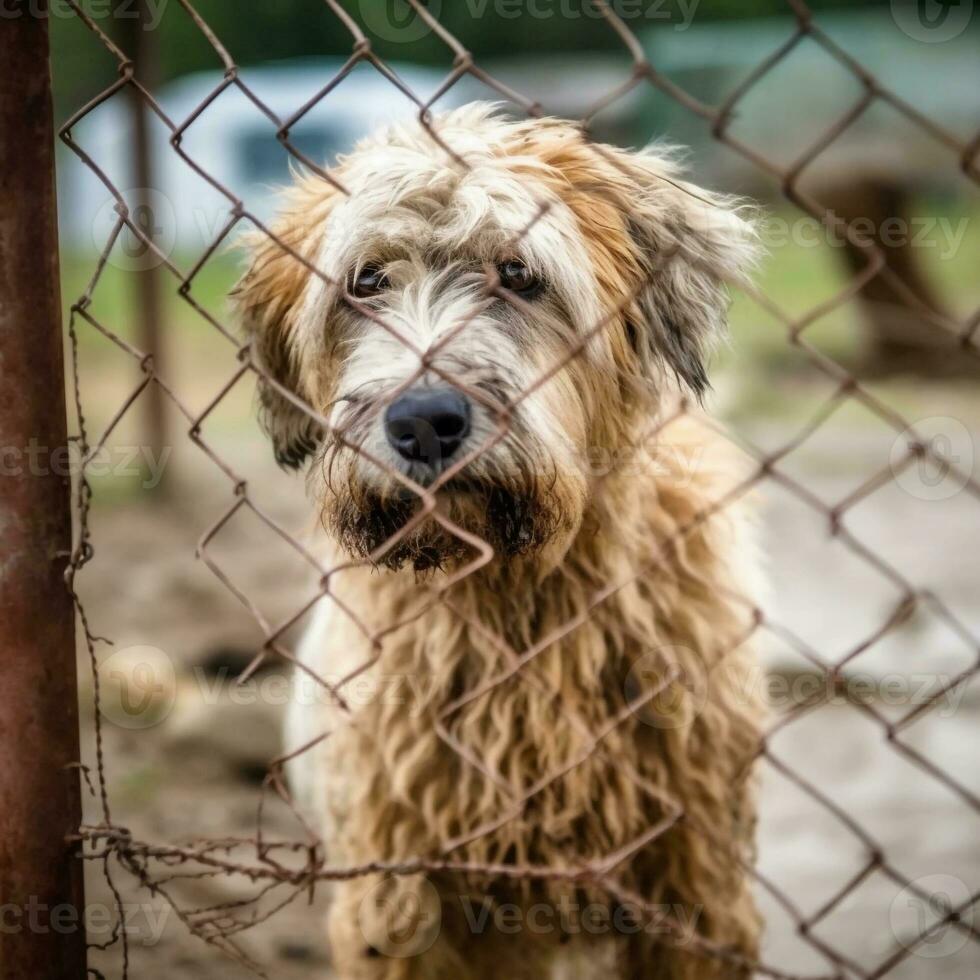 triste chien derrière le clôture. ai généré. monde sans abri animaux journée. cellule photo