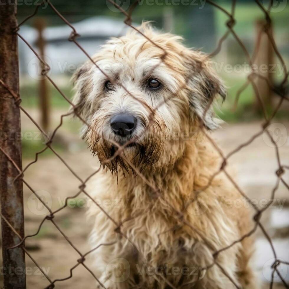 triste chien derrière le clôture. ai généré. monde sans abri animaux journée. cellule photo