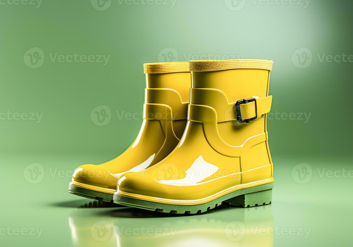 aux femmes mode Jaune et vert pluie bottes. super détaillé. hiver temps. ai généré photo