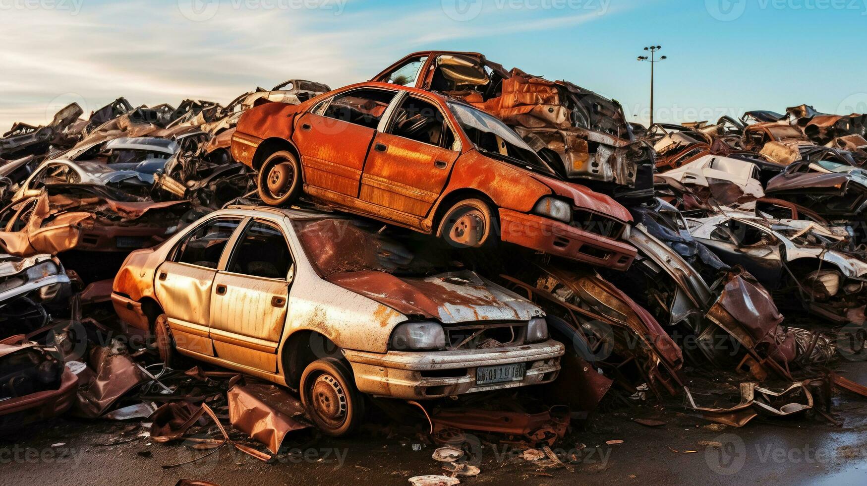 génératif ai, voiture déverser avec une lot de cassé utilisé voitures photo