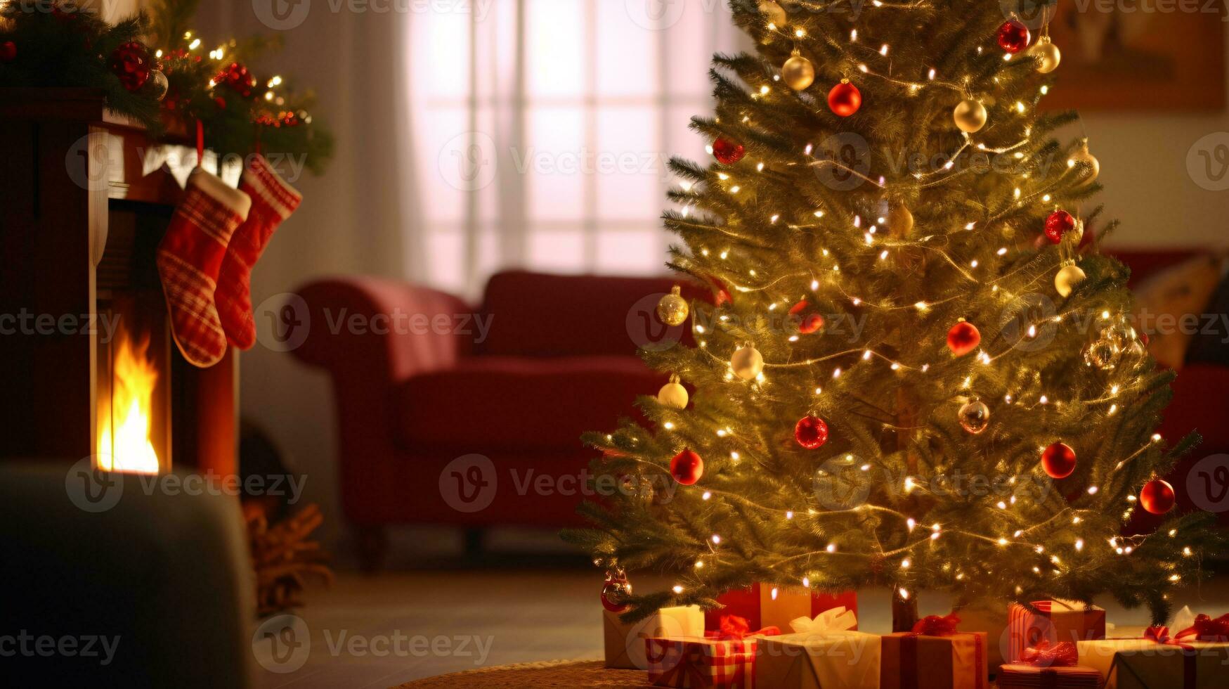 ai génératif magnifiquement décoré Noël maison, avec bokeh lumières et fenêtre photo