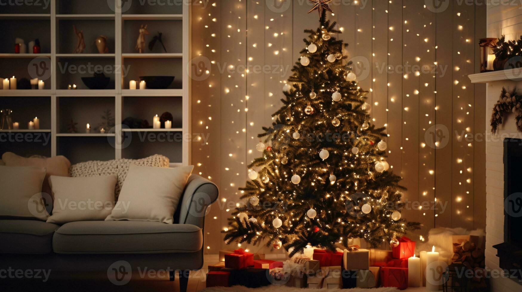 ai génératif magnifiquement décoré Noël maison, avec bokeh lumières et fenêtre photo