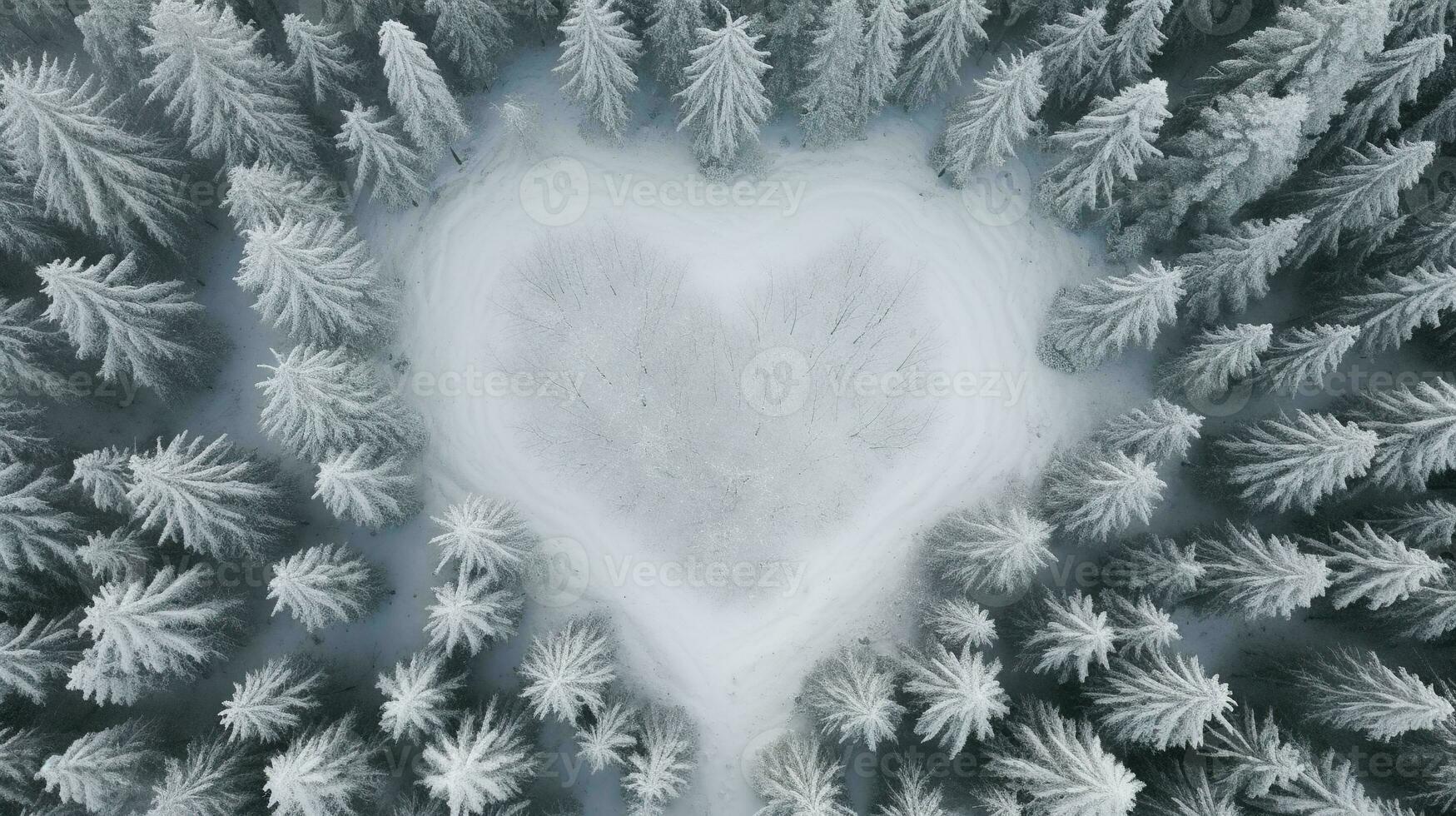 génératif ai, brumeux hiver sapin forêt avec cœur forme, magnifique paysage dans branché ancien rétro style, à feuilles persistantes des arbres avec spectacle photo