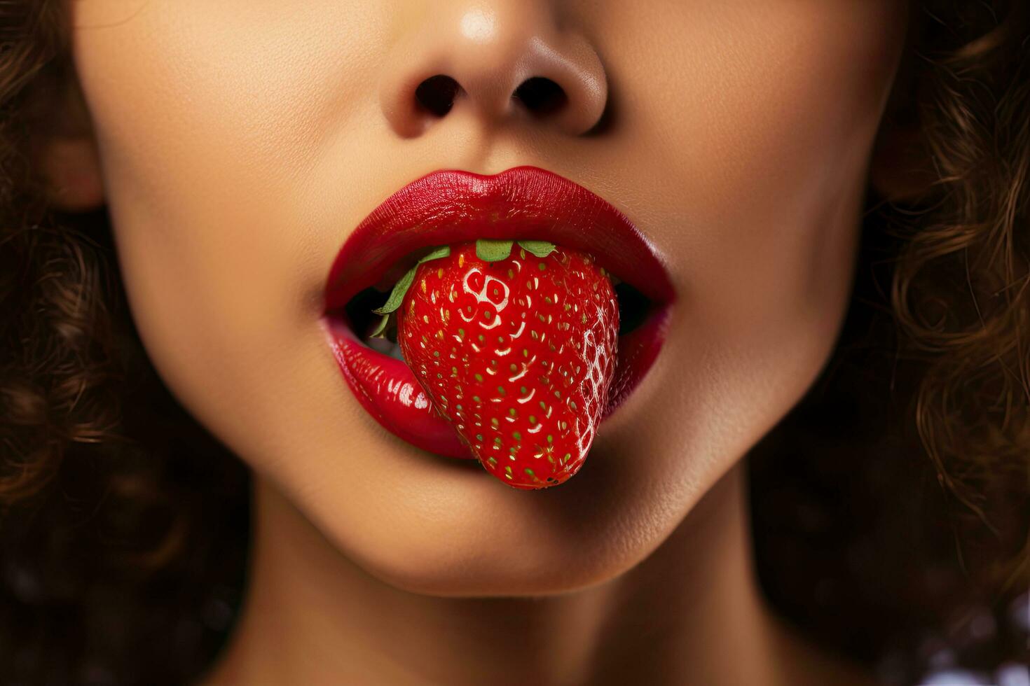 fermer portrait de Jeune femme avec fraise sur lèvres. beauté, mode, magnifique femelle sexy lèvres, ai généré photo
