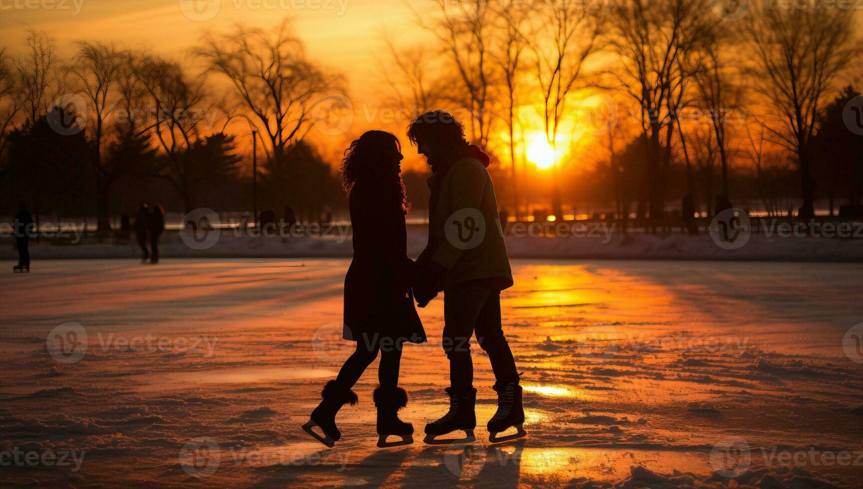 couple la glace patinage à le coucher du soleil ai généré photo