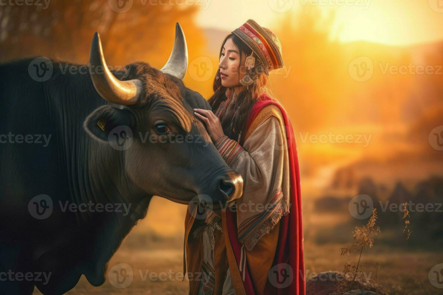 traditionnel habillé asiatique femme avec vache. produire ai photo
