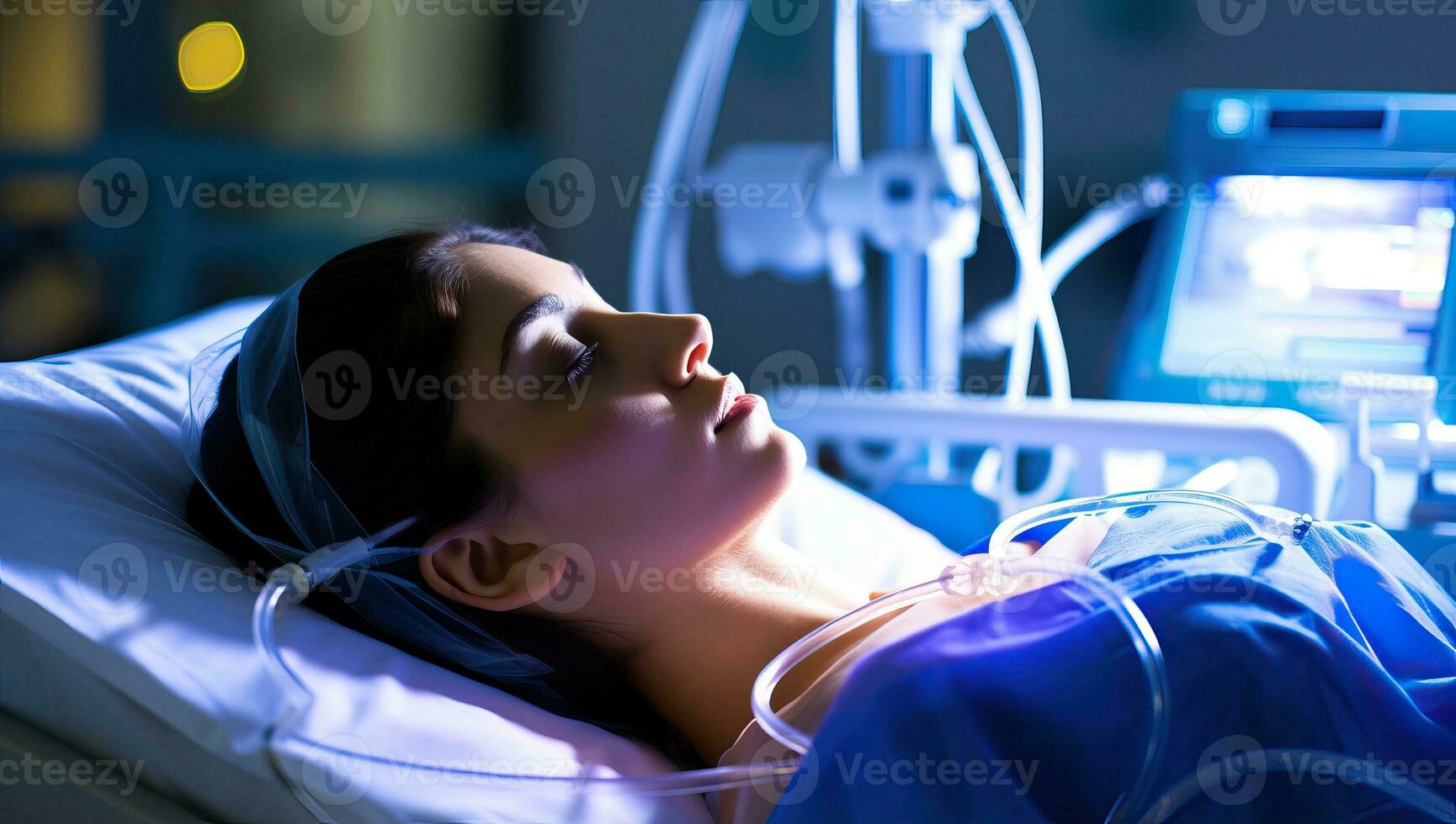 Jeune femme mensonge sur lit dans hôpital quartier à nuit. ai généré. photo