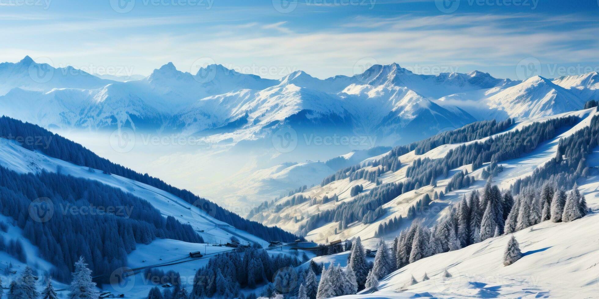 panoramique vue de le montagnes dans l'hiver. ai généré. photo