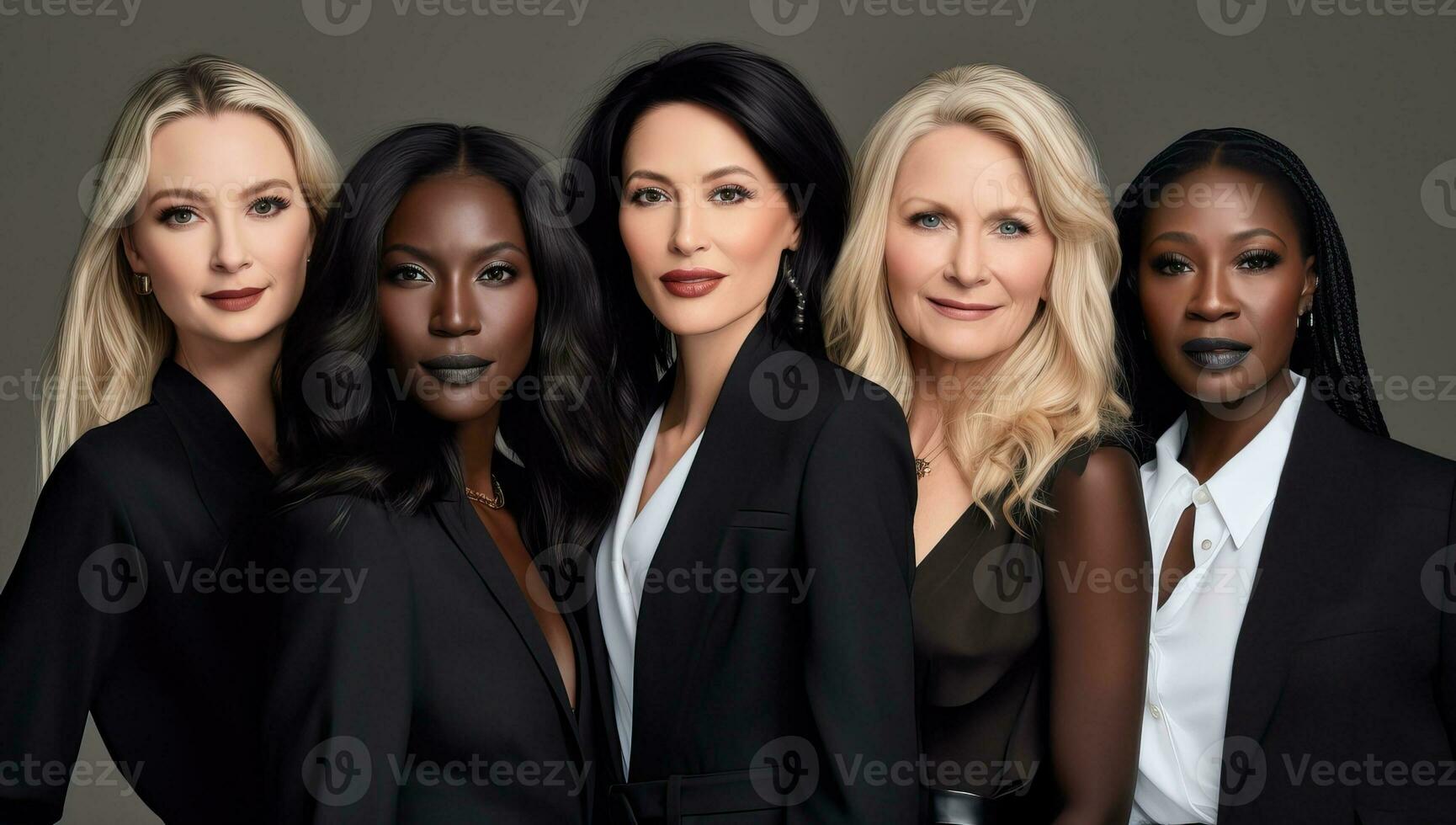 groupe de diverse femmes dans noir costume posant ensemble dans studio. Multi-éthnique grouper. ai généré. photo