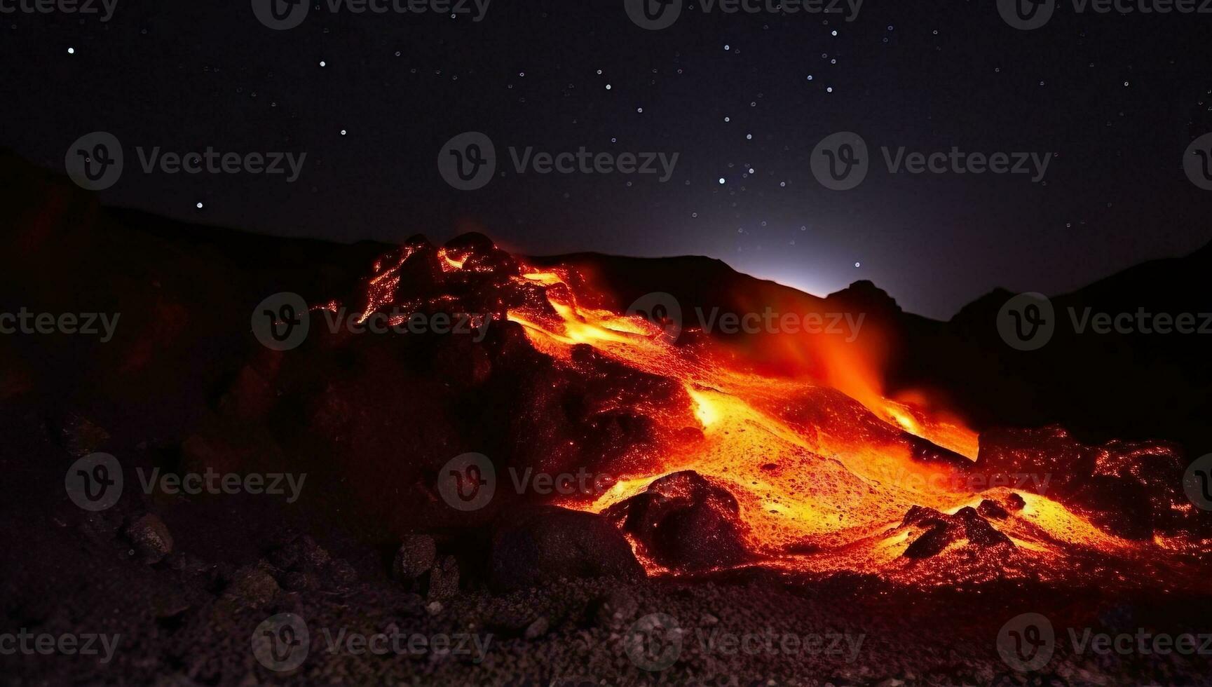 volcanique éruption à nuit. ai généré. photo