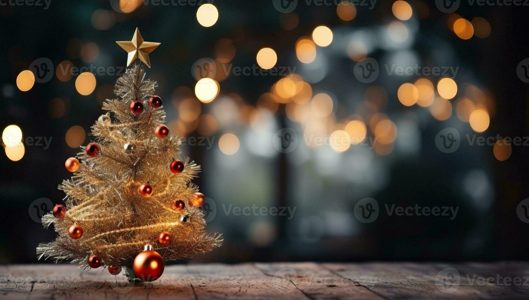 Noël arbre sur rustique en bois table avec bokeh Contexte. ai généré. photo