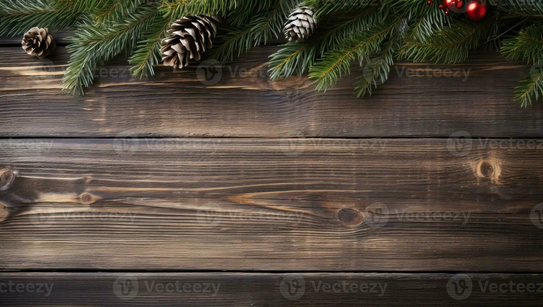 Noël sapin arbre branches sur en bois Contexte. Haut vue avec copie espace. ai généré. photo