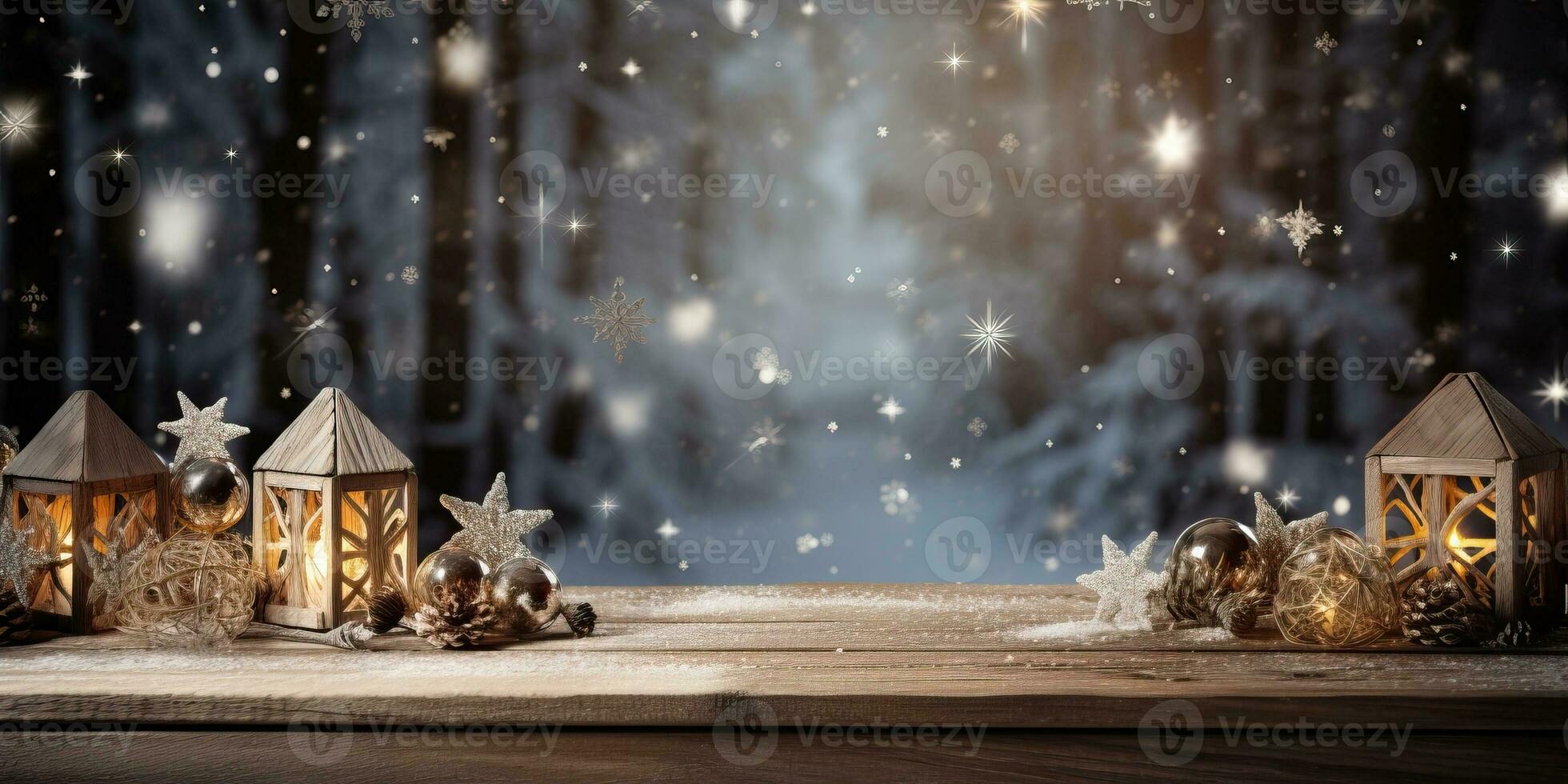 Noël décoration sur en bois table dans hiver forêt avec flocons de neige ai généré photo