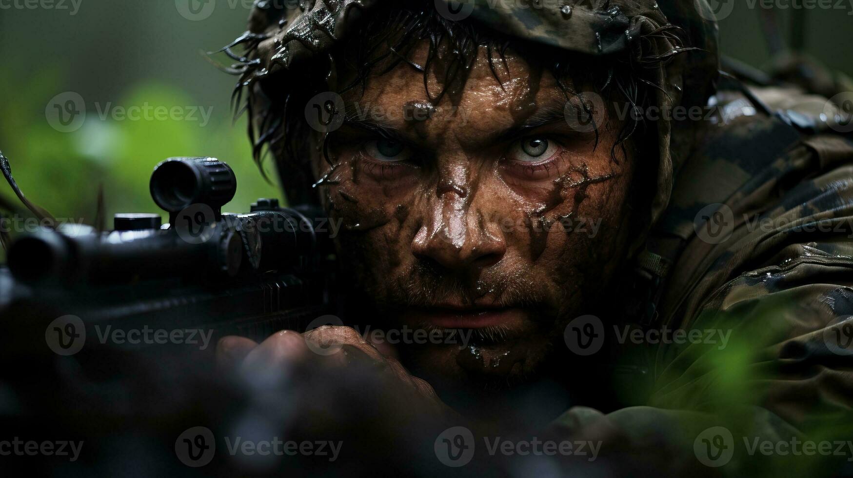 guerre concept. militaire homme avec machine pistolet sur foncé forêt Contexte. ai généré. photo