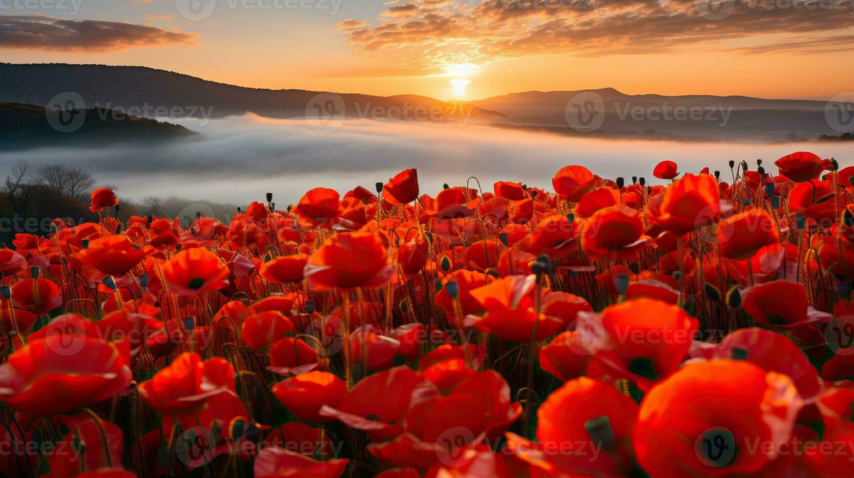 coquelicots et brouillard dans le montagnes à le coucher du soleil. ai généré. photo