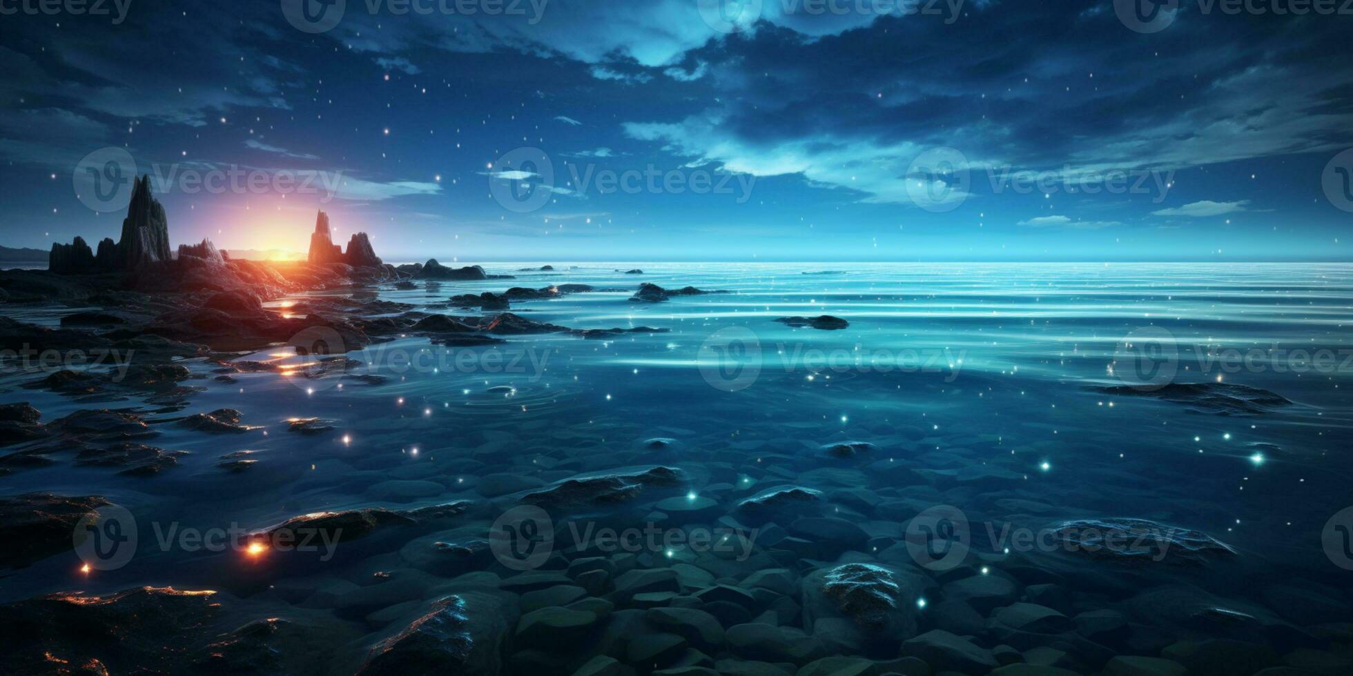fantaisie paysage marin, nuit vue de le océan, embrasé mer, magnifiquement étoilé nuit ciel, rêveur atmosphère, ai génératif photo