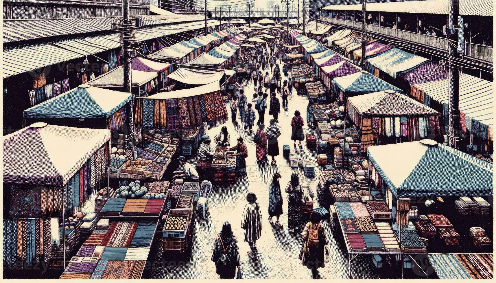 une vibrant Extérieur marché scène avec stalles rempli avec divers des biens et les acheteurs interagir, reflétant le nostalgique ressentir de risographe impressions. ai généré photo