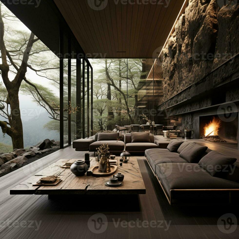 intérieur conception, vivant pièce avec serein la nature voir, magnifique Manoir conception dans le forêt, ai génératif photo