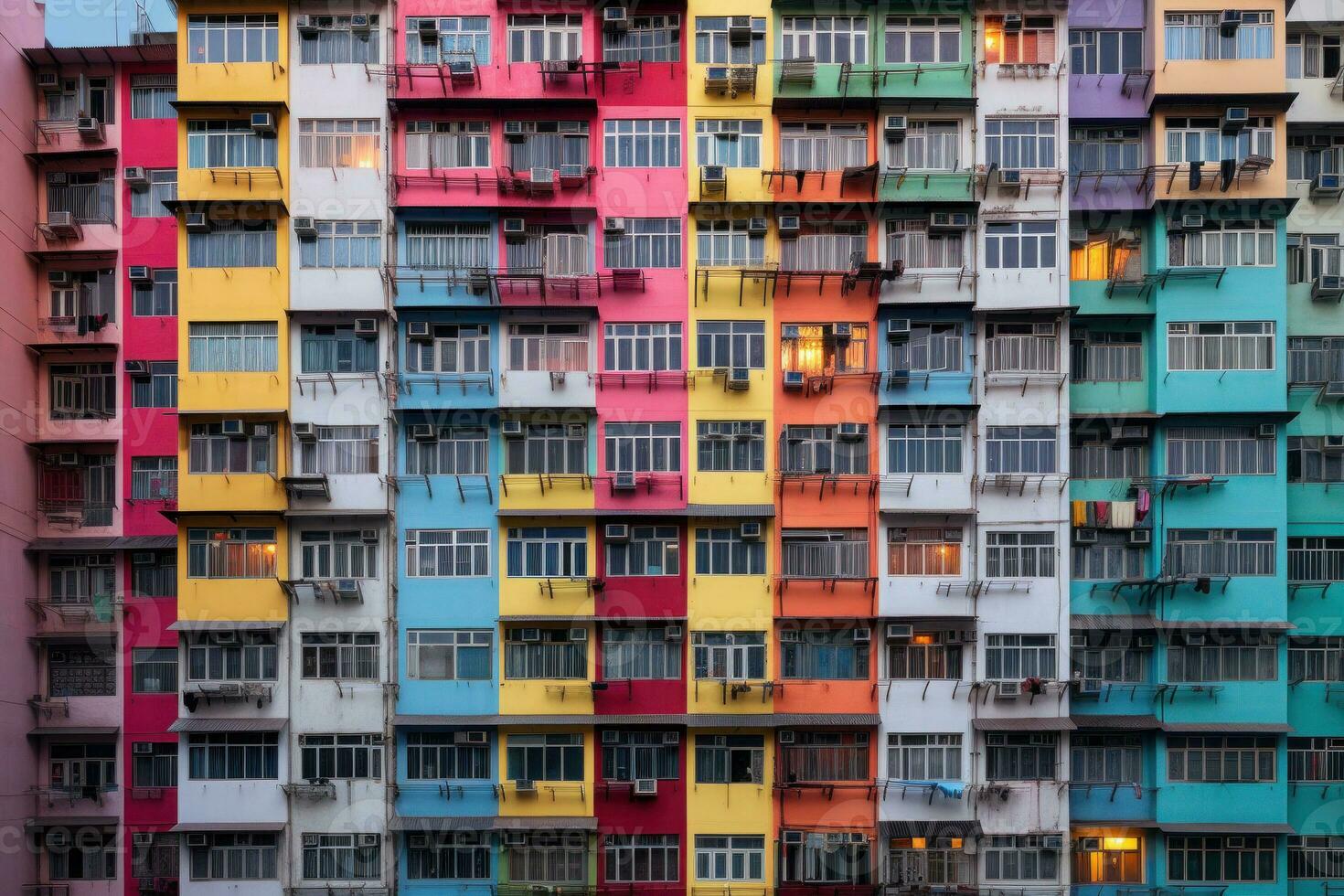coloré Résidentiel bâtiment façade avec balcons. génératif ai photo