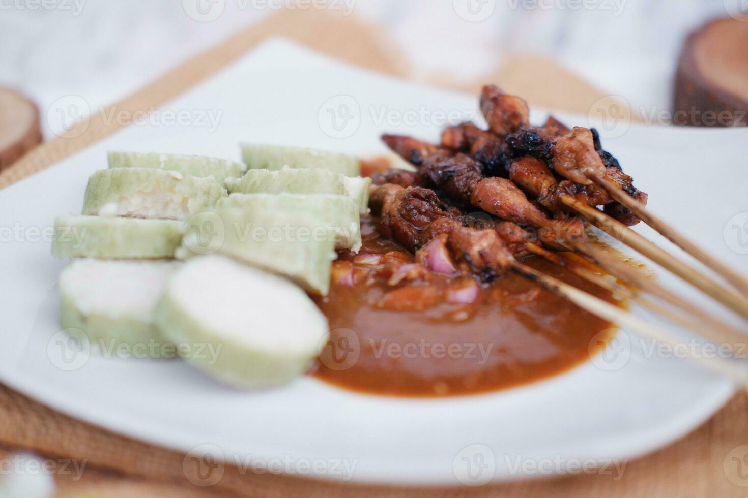 poulet satay sur une blanc assiette avec cacahuète sauce photo