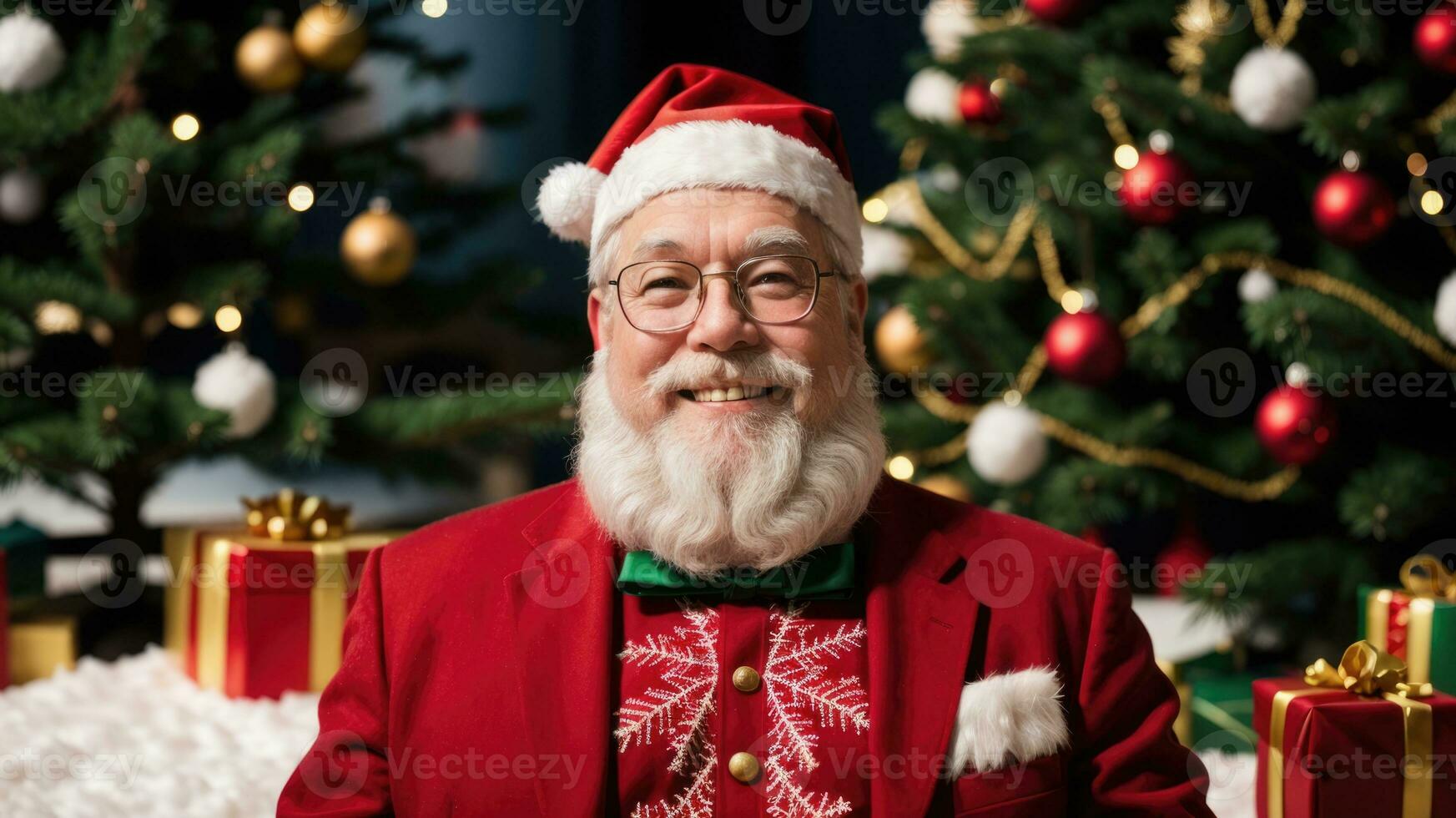 Père Noël souriant dans Noël avec cadeaux et Noël arbre, ai généré photo