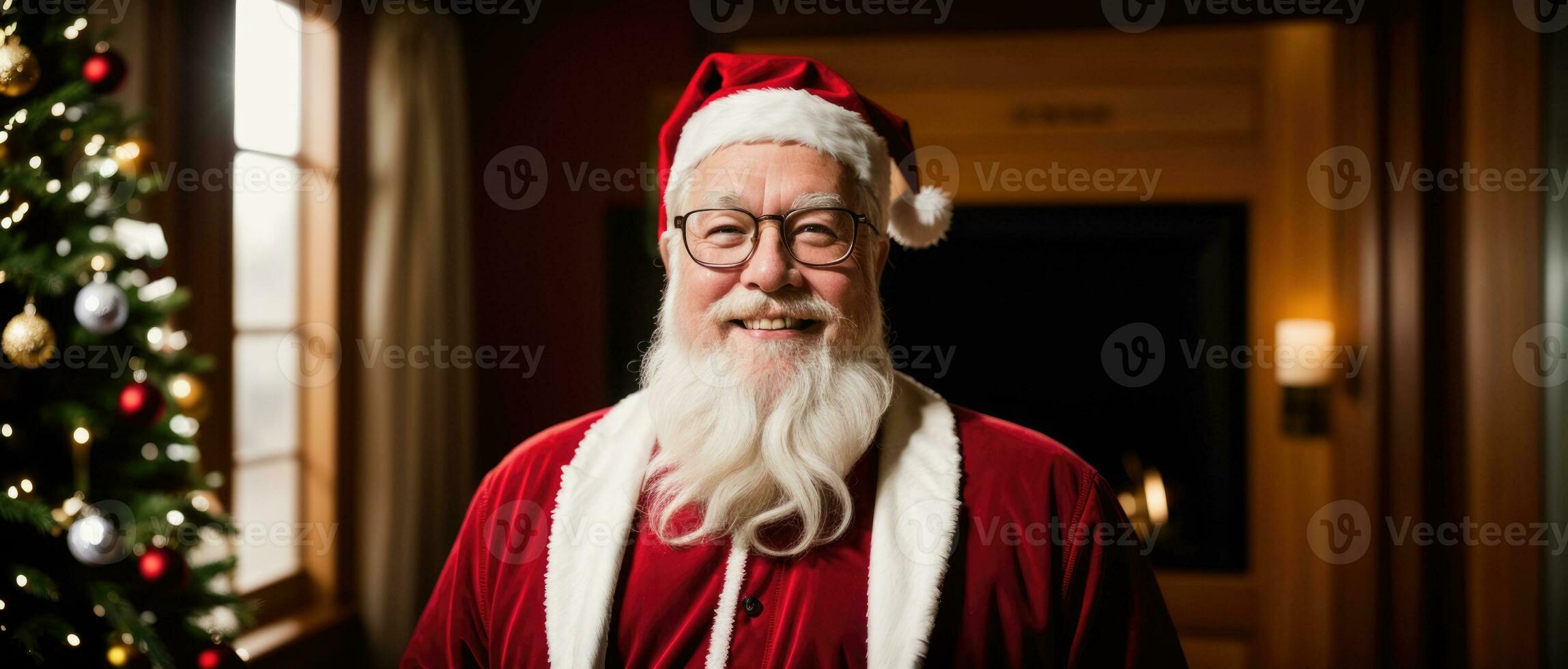 Père Noël souriant dans Noël avec cadeaux et Noël arbre, ai généré photo