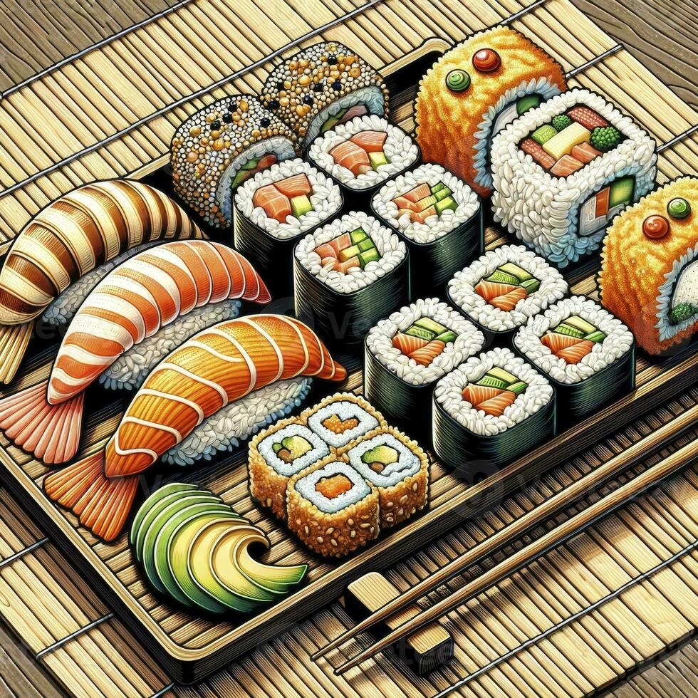 un illustration de une Sushi ensemble affiché sur une bambou tapis, détaillant différent Sushi pièces avec baguettes repos à côté de eux. ai génératif photo