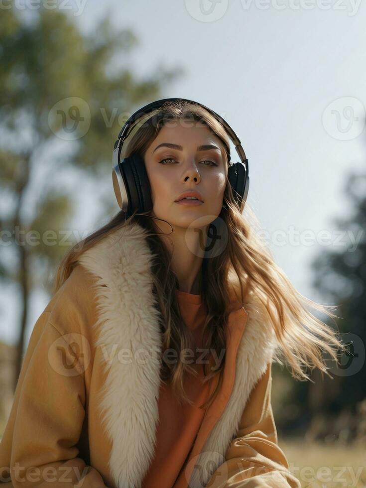 magnifique femmes écoute la musique génératif ai photo