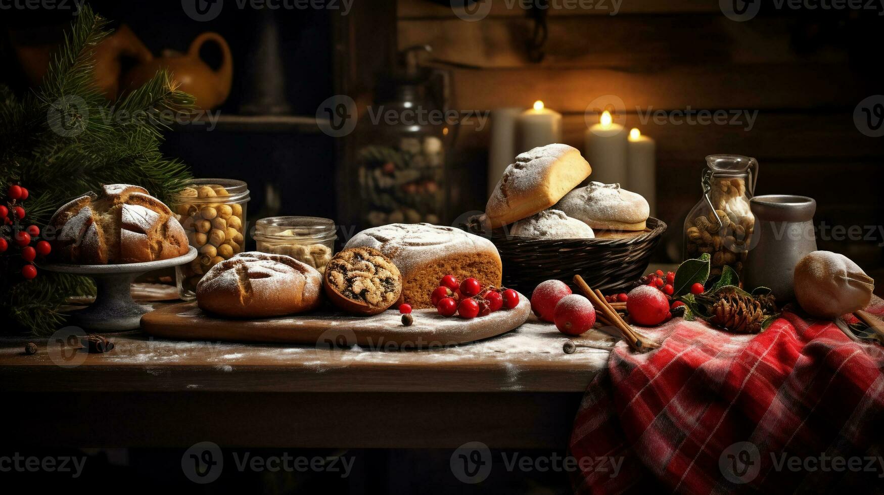 Ingrédients pour cuisson Noël biscuits, vacances décorations autour ai génératif photo