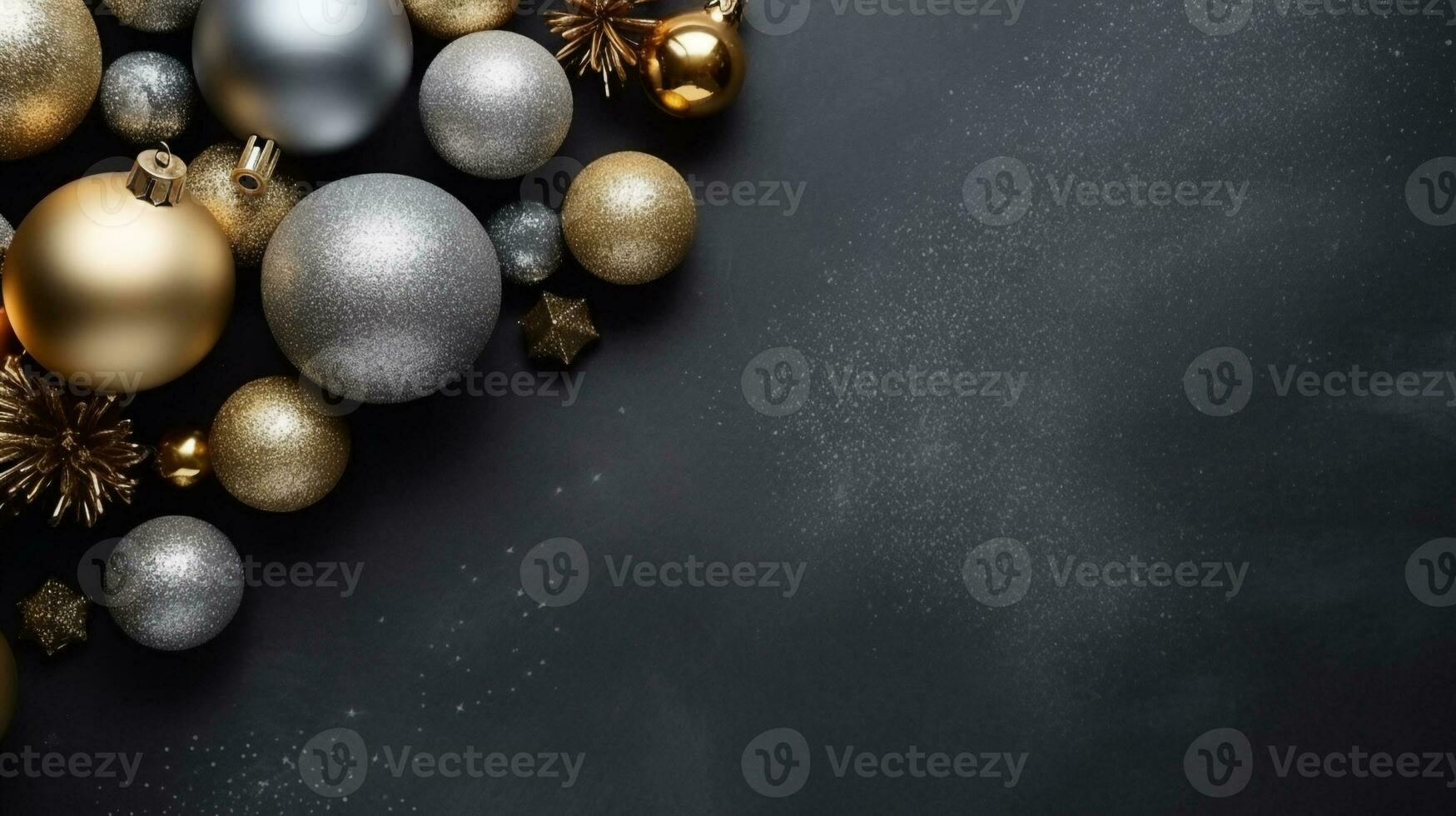 Noël décorations sur Contexte. Cadre de d'or Noël boules,haut voir, étoiles, ai génératif photo