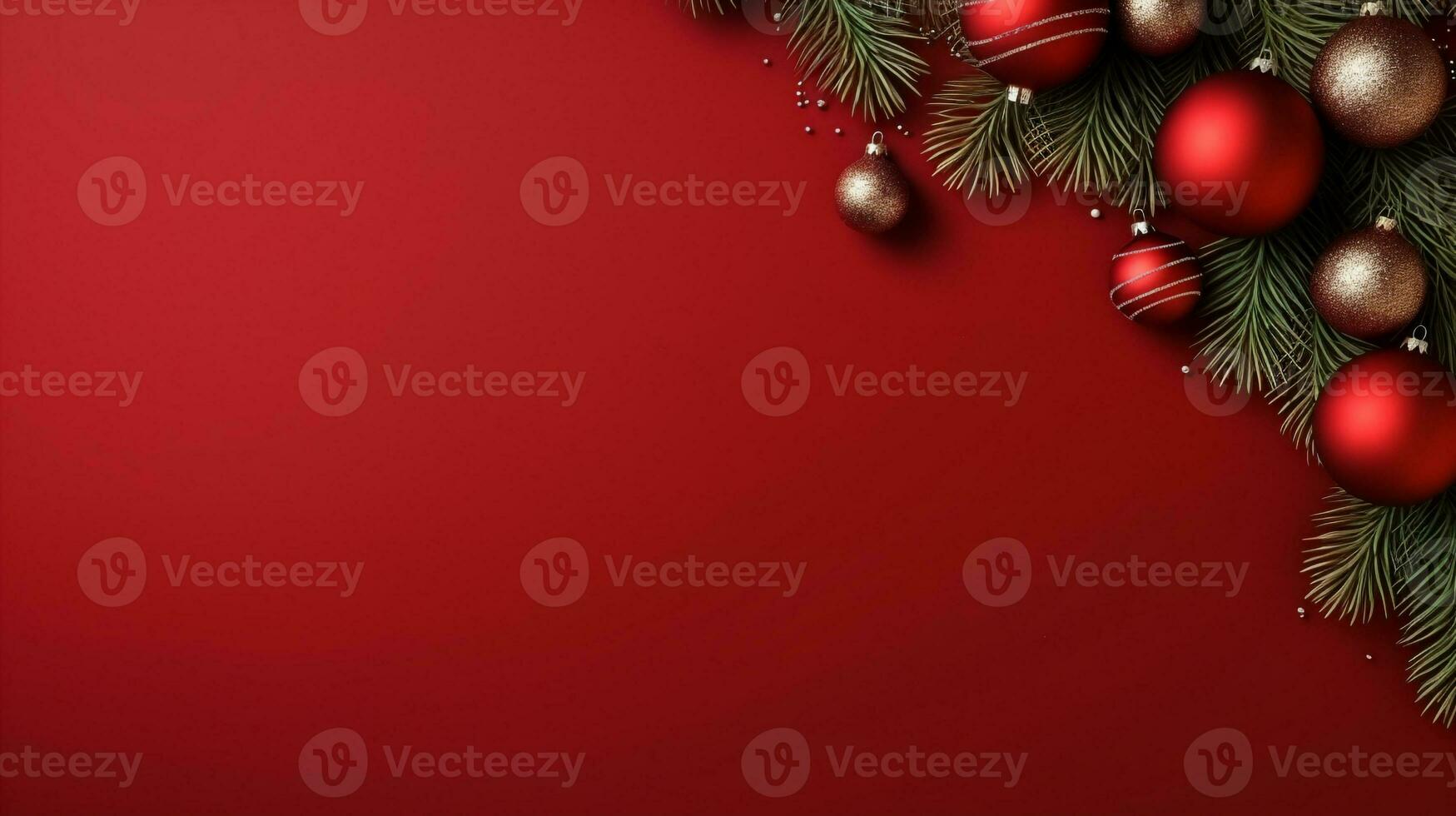 rouge arrière-plan, décoré avec Noël balle, copie espace Haut voir, luxueux décoration Contexte ai généré photo
