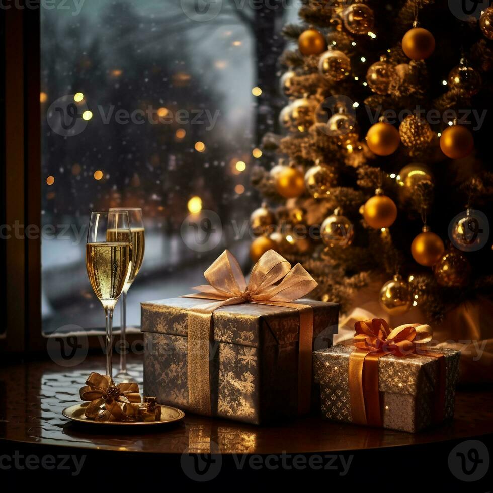 cadeau boîte sur le table près fenêtre, ai génératif photo