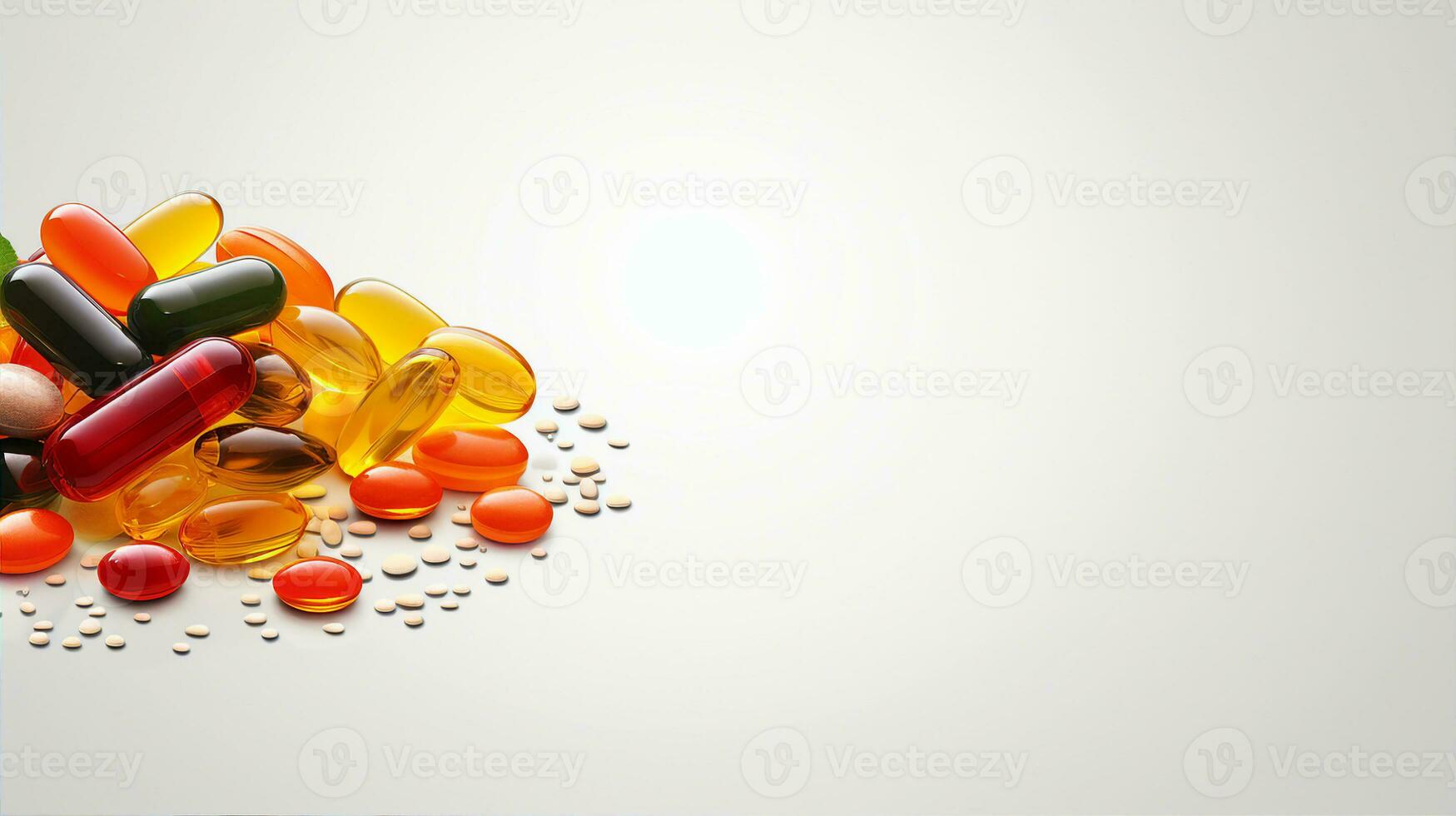 une collection de brillant, coloré pilules et capsules sur une parfait blanc surface, signifiant santé suppléments et médicament. génératif ai photo