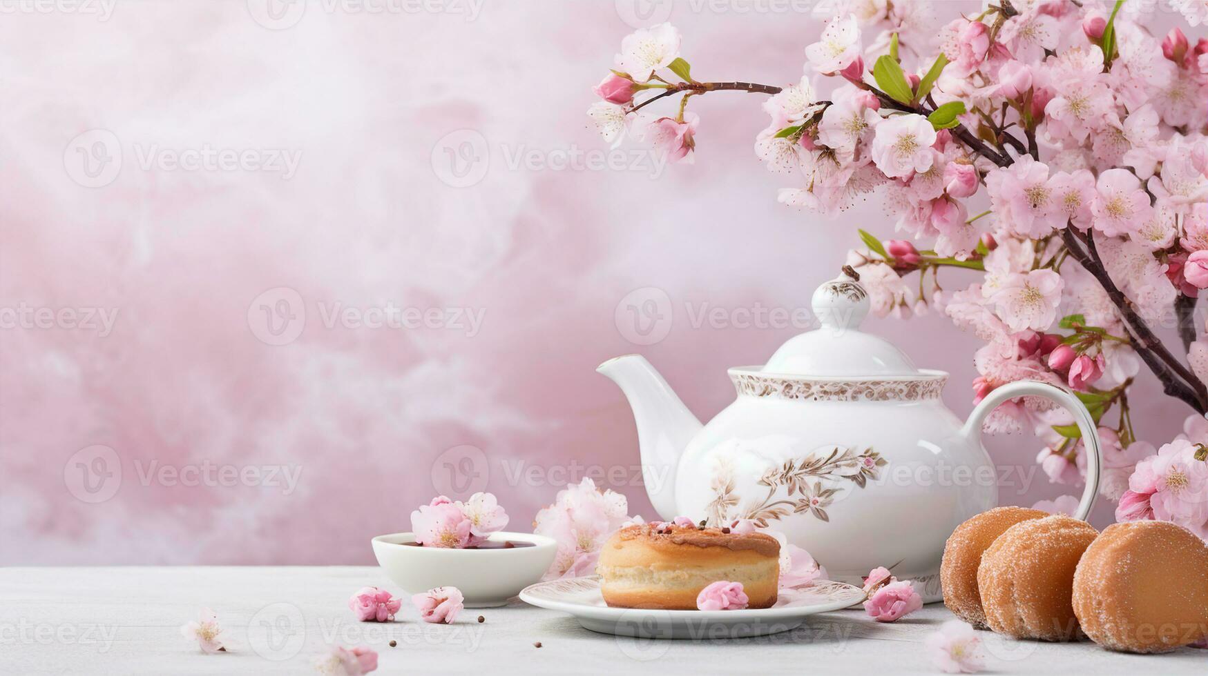 bannière présente une de fête thé paramètre, un fleuri théière, tasses, des pâtisseries, ensemble contre une toile de fond de épanouissement Cerise fleurs. génératif ai photo