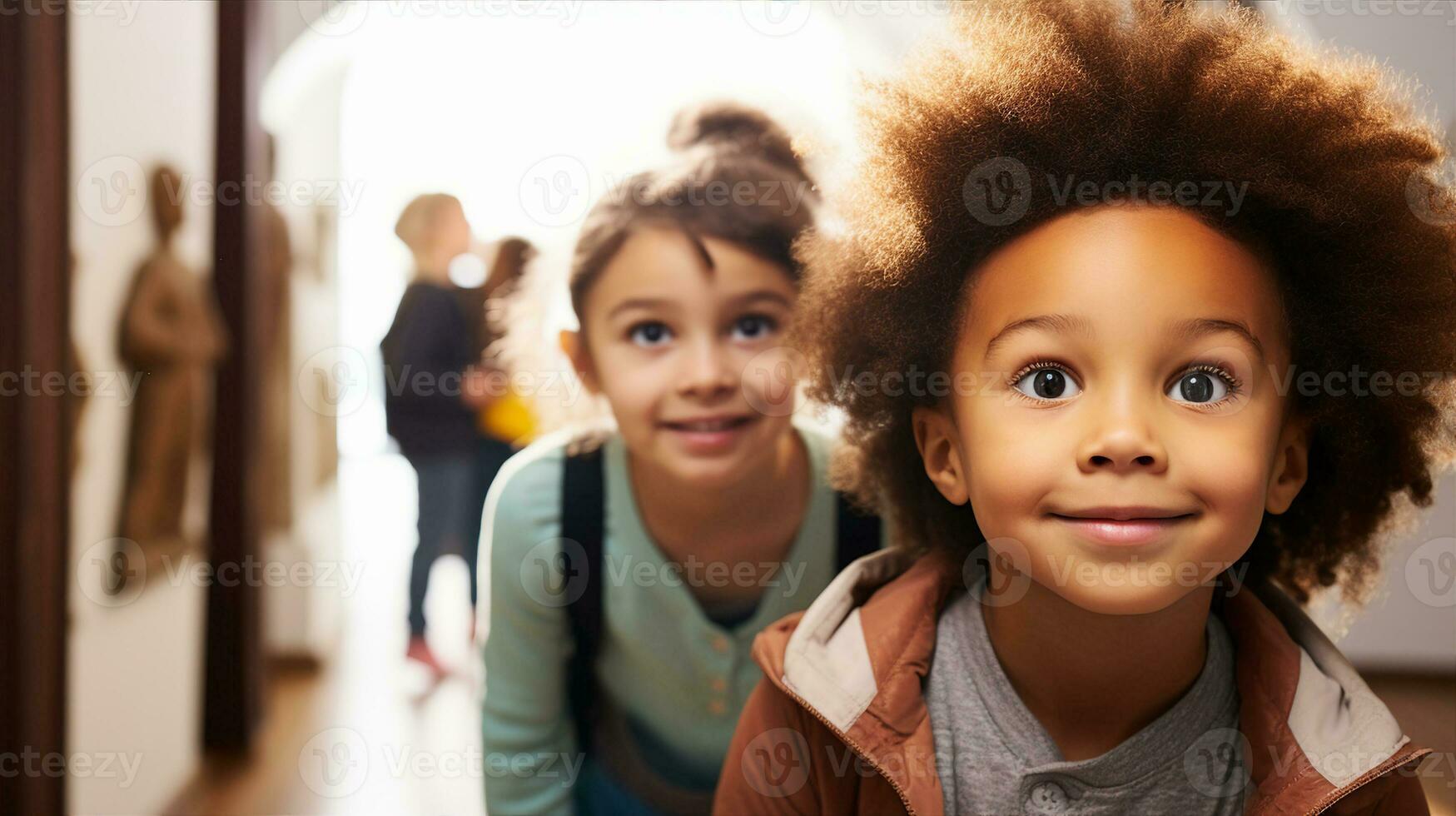 les enfants à une musée, large - regardé et curieux, chaque artefact une porte à connaissance. génératif ai photo