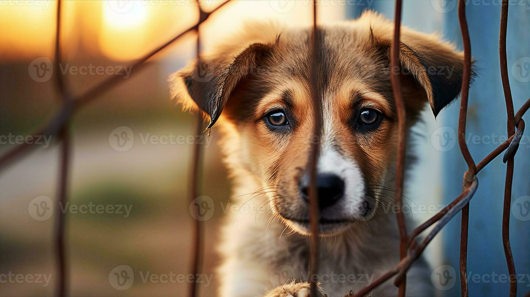 chiot avec émouvant yeux furtivement par une câble clôture, désir pour liberté et attention. génératif ai photo