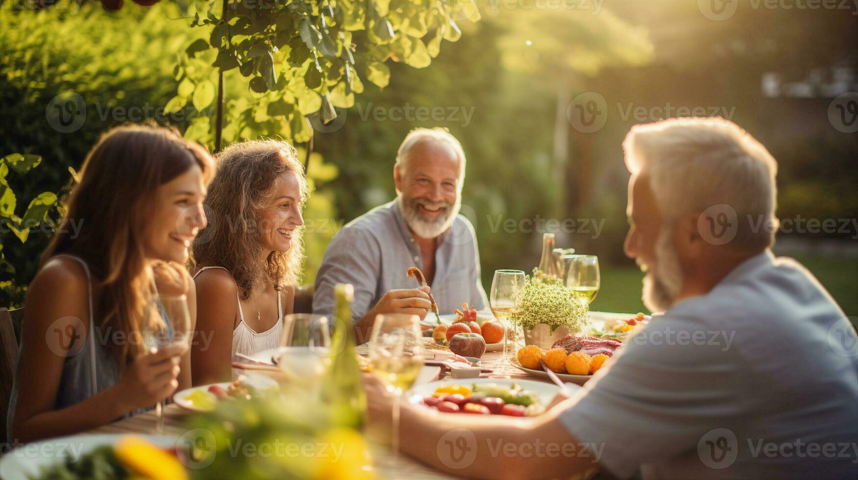une chaud et joyeux rassemblement de copains et famille, à manger Al fresque dans une luxuriant jardin pendant une d'or heure. génératif ai photo