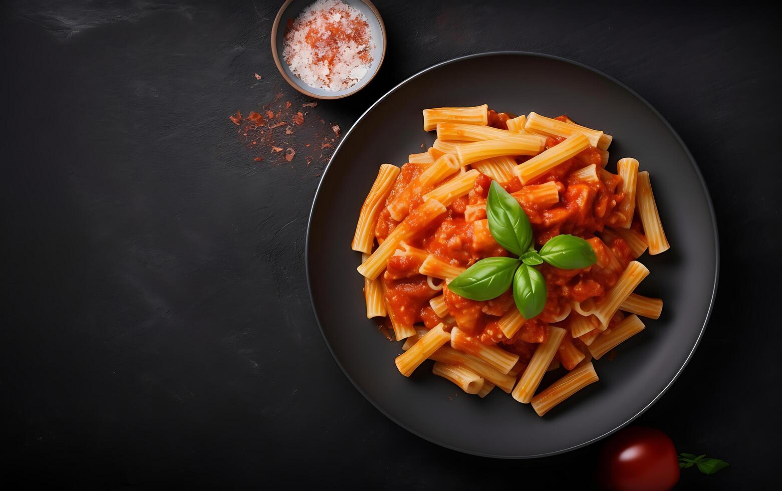 Pâtes avec tomate sauce servi dans bol Haut vue avec copie espace photo